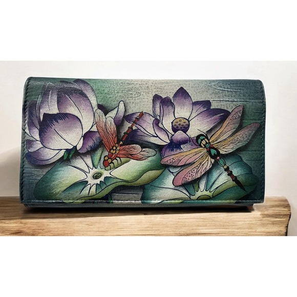 Anuschka Tranquil Pond Tri Fold Hand Painted Leather Organizer Wallet Clutch - Picture 1 of 10